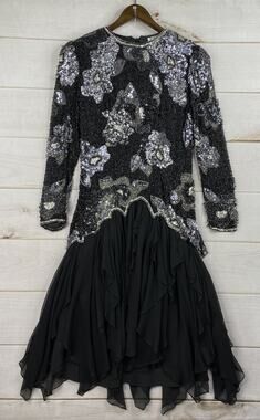 Vintage 80's Black Tie He-Ro Dress Sz 8 Heavily Beaded Sequins 100% Silk Party